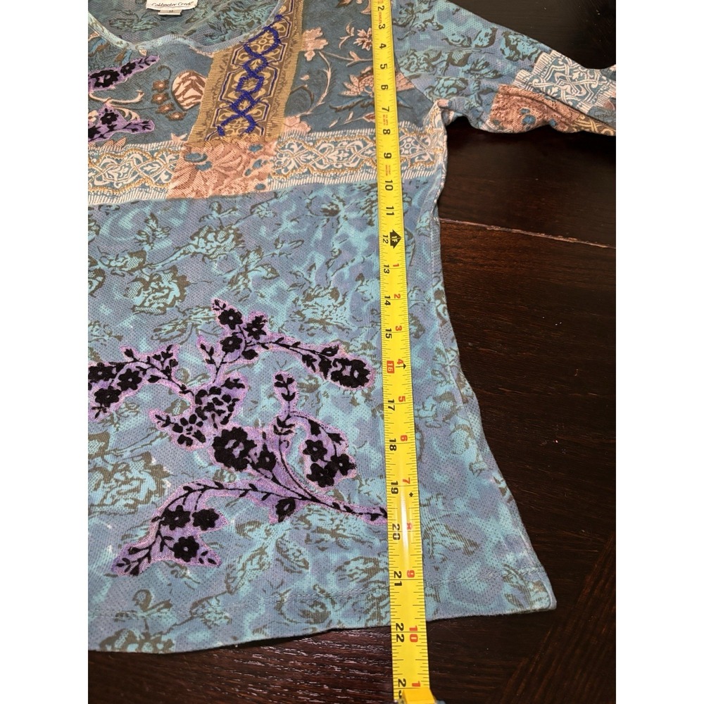 Vintage Grunge Y2K Textured Patchwork Lace Print 3/4 Sleeve Top Teal Tan M - Picture 7 of 12